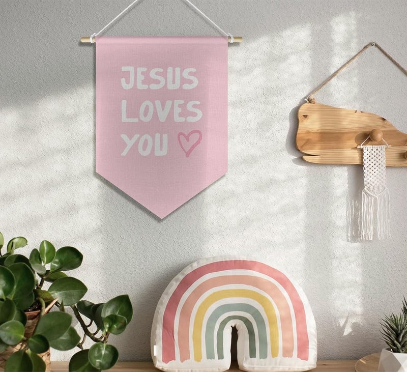 DSHFG Pink Christian Wall Art for Kids Baby Girl Nursery Classroom Toddler Room Bedroom, Kid Bible Verse Wall Decor Banner Hanging Pennant, Jesus Loves You, 15x11in - Image 3